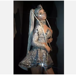 Camiseta de lentejuelas plateadas intermitentes Falda corta Ropa de graduación de cumpleaños Mujeres Bailarina DS Show Conjunto de atuendo novedoso - Product Image 3