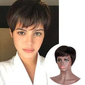 높은 품질 도매 100% 진짜 브라질 원시 짧은 픽시 컷 자연 블랙 인간의 머리 가발 사이드 앞머리 블랙 여성