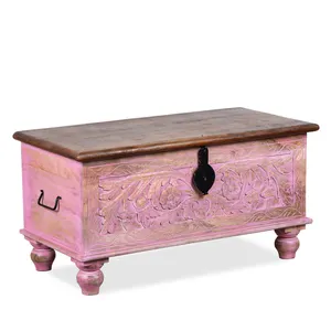 Bagasi penyimpanan kayu merah muda antik dicat tertekan kotak penyimpanan tutup atas cokelat dipoles desain seni bunga ukiran tangan