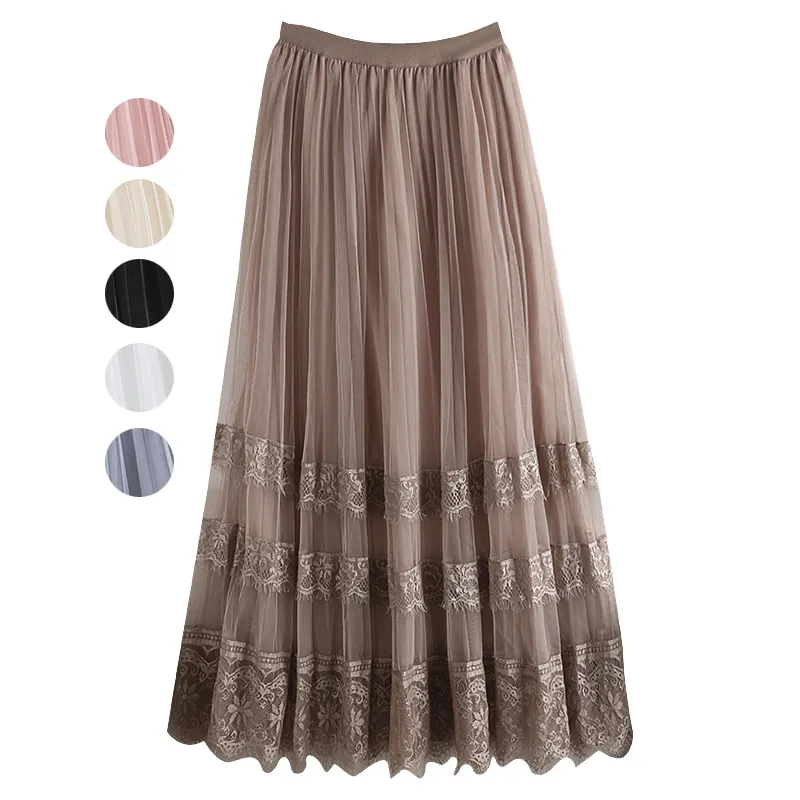 Dropshipping Newest Stylish Solid Color Pleated Mesh Mid-Calf Skirts for Women Fashion Dance Lace Patchwork Tulle Skirt 3 Layer