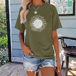 Camiseta de Algodón de Manga Corta para Mujer, Corte Ajustado, Estilo Retro, Estampado de Girasoles, Transpirable, Tejido de Punto, Estilo Casual para Verano - Product Image 2