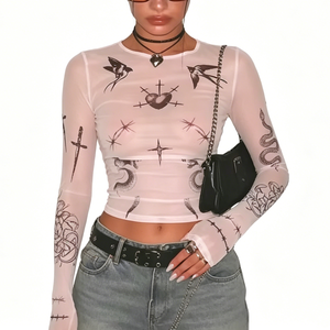 T-shirts transparents personnalisés à manches longues et col rond pour femmes, imprimés sur toute la surface, en <span class=keywords><strong>maille</strong></span>, coupe courte, pour l'été - Product Image 1