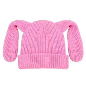 Süßes Kind Kinder Baby rosa Manschette Mütze Winter gestrickt Acryl Mütze Hut Fleck gefüttert Hasen ohr Mütze