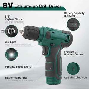 สว่านไร้สาย Hi-Spec 8V มินิ ลิเธียมไอออน แรงบิด 30 นิวตันเมตร ปรับความเร็วได้ มอเตอร์แบบแปรงถ่าน พร้อมอุปกรณ์เสริม สำหรับใช้ในครัวเรือน - Product Image 2