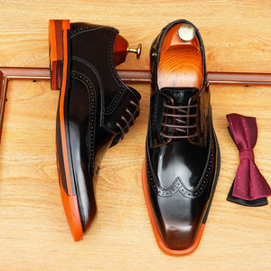 Chaussures derby en cuir véritable brillant, cuir de vachette pleine fleur pour homme avec semelle orange, style rétro britannique, chaussures en cuir décontractées pour affaires - Product Image 4