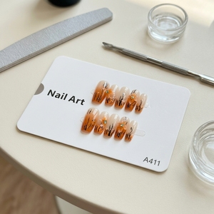 Uñas Postizas de Almendra Hechas a Mano con Degradado Naranja, Decoración de Flor con Llama Negra, <span class=keywords><strong>Arte</strong></span> de Uñas 3D para Dedos - Product Image 4