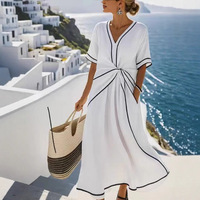 Robe longue d'été bohème à col en V, avec bordure en dentelle, à rayures et à carreaux, en mélange polyester et chanvre, à ourlet irrégulier, coupe droite et ample