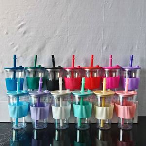 In-stock American-style 16oz 480ml Borderless Double-layer PS <b>Cup</b> Lid Popular Creative <b>Large</b>-hole Pearl Milk <b>Tea</b> <b>Cup</b> - Product Image 1