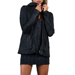 Femmes rétro Vintage décontracté solide à capuche veste <span class=keywords><strong>noir</strong></span> ciré fermeture éclair Long manteau d'hiver automne automne délavé à l'acide - Product Image 2