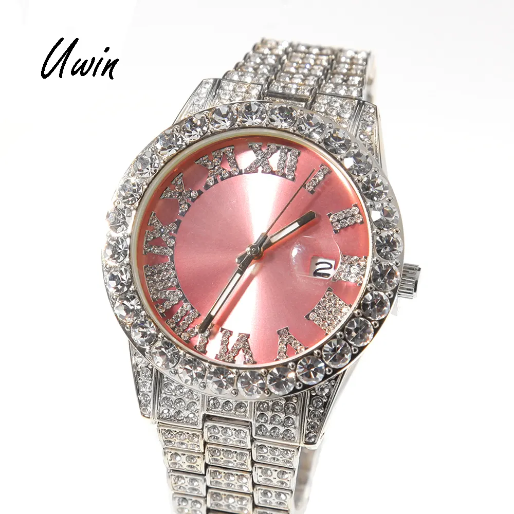 2022 Iced Out Baby Pink Women Watches Bling Watch with Purple Dial Bling Bling Hip Hop Watches