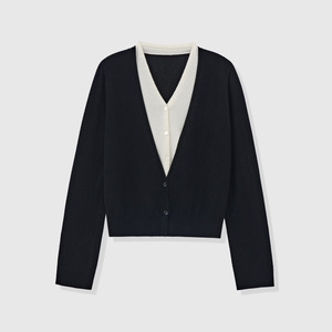 Femmes automne hiver deux pièces col en v tricoté Cardigan nouvelle <span class=keywords><strong>laine</strong></span> douce couleur unie coupe ample français faux Design sensibilité - Product Image 2
