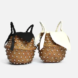 Lady Travel Purses and Handbags Small Straw Bucket Bags, New Handmade Rhinestone Crystal Embellished Straw Bag
