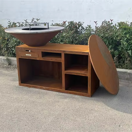 Corten Steel BBQ Grill with Operation Table Wood Burning BBQ Grill