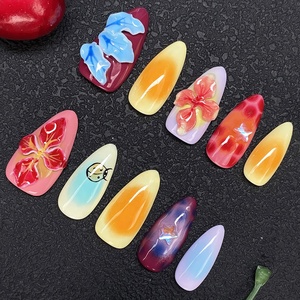 Lot de 10 faux ongles français à presser, faits main, pré-dessinés, en gel souple 3D, motif floral, peints à la main, en acrylique épais – Vente en gros - Product Image 3