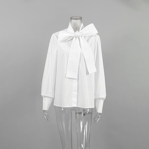 Elegante <span class=keywords><strong>Camicia</strong></span> Bianca da Donna con Colletto alla Coreana, Maniche Lunghe e Fiocco Decorativo, Top Ampio per Primavera e Autunno - Product Image 2