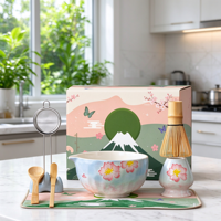 Ensemble de thé matcha en céramique Anji Newell Cherry Blossom, 9 pièces, style japonais, bol avec fouet en bambou et boîte cadeau pour la maison ou le bureau