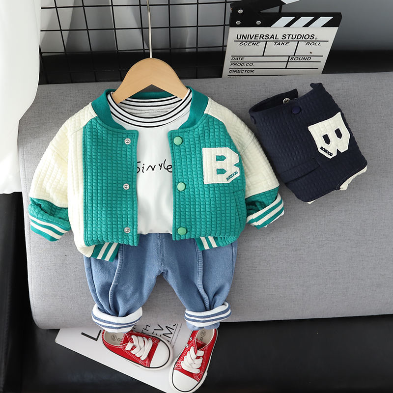 2022 Children Wear Winter Jacket Kids 100% Cotton Plaid Shirt+ Jeans+  Sweater Baby Coats Three-piece Suit