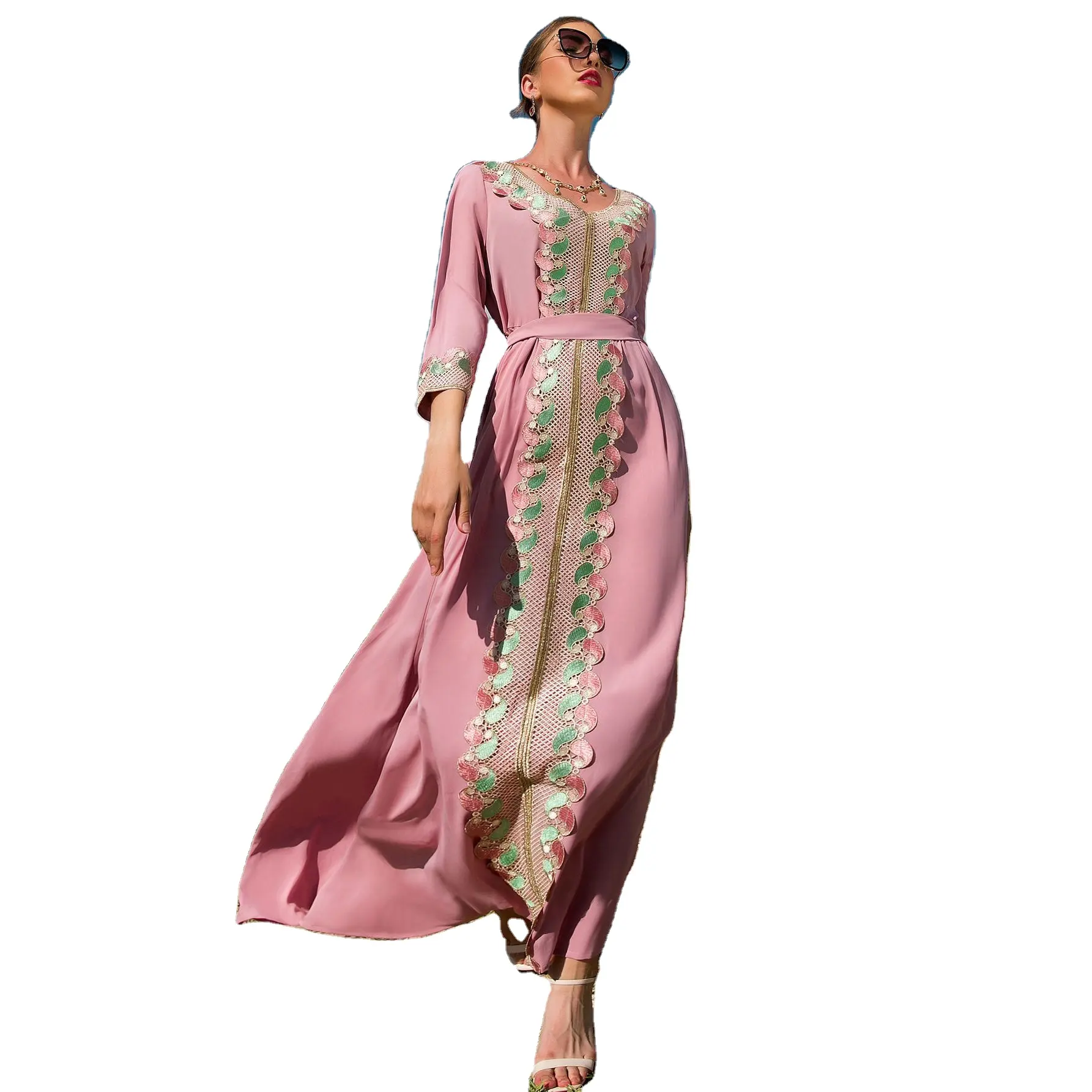 Edles elegantes rosa besticktes Kleid Vintage zartes Dera modernes muslimisches Kleid Dubai Abaya Style muslimisches Kleid
