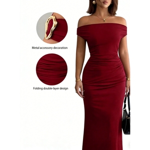 Women's Off-Shoulder Ruched Maxi Dress - Metal Bodycon Formal Gown Dresses Fashion - Product Image 1