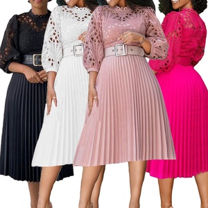 Venta al por mayor Otoño Ropa de mujer americana Vestido de encaje de ganchillo Vestido plisado Tallas grandes Manga larga Vestidos de noche de Iglesia blancos - Product Image 1