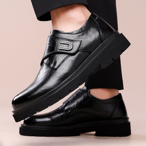 Zapatos Oxford de Cuero para Hombre, Punta Redonda, Cierre de Velcro, Zapatos de Vestir para Boda, Antideslizantes, Suela de Goma de Color Sólido - Product Image 3