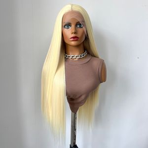 Wig sintetis Premium Futura Fibra Wholesale HD 13*4 Lace Front Free Part 320g Blonde Long Straight Natural Matte tahan panas - Product Image 3
