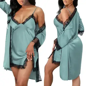 Conjunto de duas peças feminino, camisola vestido cardigan com renda conjunto 2 peças roupa longa para casa feminina