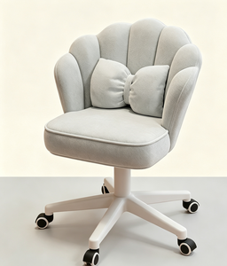 Chaise de bureau pivotante à dossier en coquille rose, chaise de bureau rembourrée en tissu, chaise de bureau réglable en hauteur, base roulante - Product Image 3