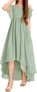 Robe de demoiselle d'honneur <span class=keywords><strong>junior</strong></span> en mousseline asymétrique à épaules dénudées, coupe trapèze, couleur unie, pour filles, idéale pour les fêtes d'anniversaire - Product Image 4
