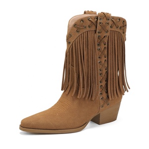 <span class=keywords><strong>Botas</strong></span> Vaqueras de Mujer Estilo Occidental, de Ante Sintético <span class=keywords><strong>con</strong></span> Flecos, Media Caña, Punta en Pico, <span class=keywords><strong>con</strong></span> <span class=keywords><strong>Cordones</strong></span> y Adornos, Cómodas para Verano, Otoño/Invierno - Product Image 2