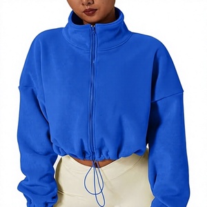 Blue Cropped <b>Fleece</b> <b>Jacket</b> Women Stand Collar Zip Up Full Sleeve Soft <b>Warm</b> Autumn Outerwear - Product Image 1