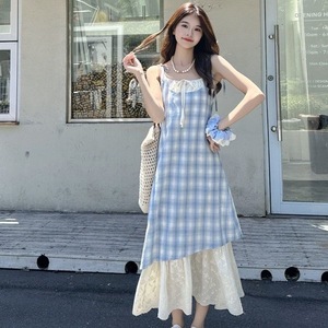 French Style Blue Plaid Suspender Dress Spaghetti Strap Mid Length Casual Dress For Holiday Beach Vacation - Product Image 4