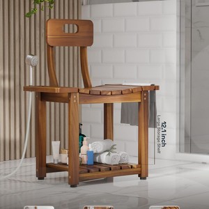 Chaise de douche en bois avec dossier, antidérapante, avec étagère de rangement, tabouret de bain pour salle de bain - Product Image 5