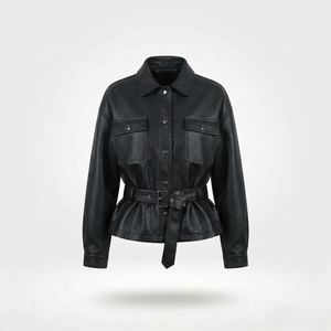 Blouson Bomber Court en <span class=keywords><strong>Cuir</strong></span> PU à Motif Litchi pour <span class=keywords><strong>Femme</strong></span>, Ceinturé, Col Rabattu Élégant, Simple Boutonnage, Collection Automne - Product Image 1