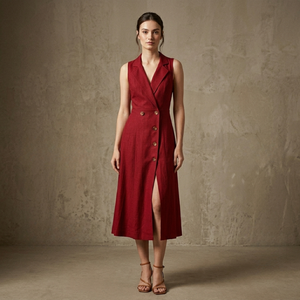 Robe fourreau midi rouge sans manches à col cranté avec boutons sur le devant et fente, en mélange lin-coton, vente en gros - Product Image 2