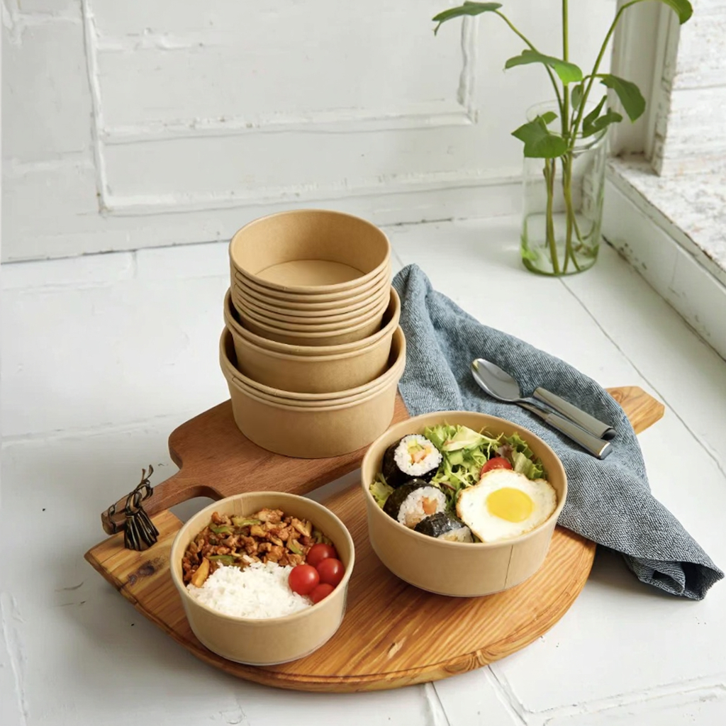 750ml Eco-Friendly Food Grade Disposable Kraft Paper Plates & Bowls for Pizza Snack Salad Takeaway Containers