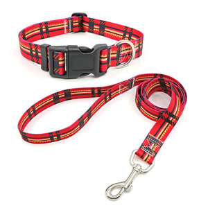 Plaid Dog Collar and Leash Set <b>Red</b> Black Yellow Pattern Adjustable Buckle Closure Classic Style Polyester <b>Material</b> - Product Image 1