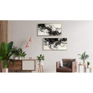 Grandes œuvres d'art murales abstraites encadrées en noir et blanc, lot de 2 impressions sur toile, tableaux pour murs, image moderne noir et or - Product Image 4