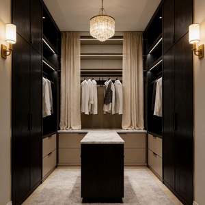 Balom Factory, armoire de chambre à coucher sur mesure, laque noire et or, dressing avec tiroir et étagère ouverte - Product Image 3