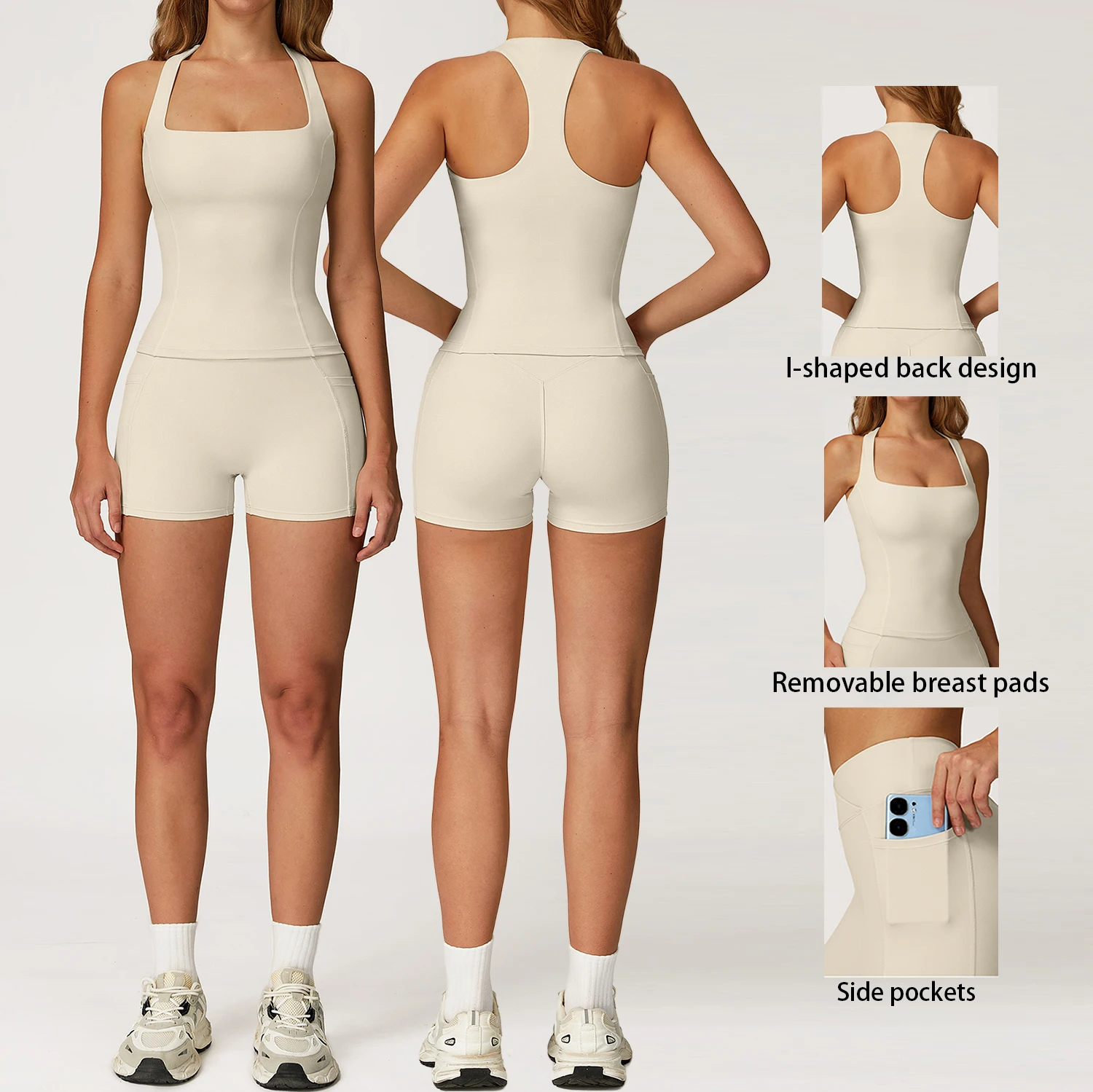 Stylish Comfort Yoga Set: Fitted Tank Top with High-Waisted Shorts Women's Fitness Wear: Quick-Dry Breathable Running Sports Set