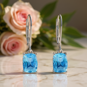 Orecchini pendenti classici blu mare con cristalli taglio cuscino per donna, gioielli da festa, montatura a griffe in lega, orecchini alla moda - Product Image 2