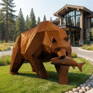 Grande Scultura Orso <span class=keywords><strong>Grizzly</strong></span> in Acciaio Corten, Orso Geometrico Low Poly con Statua di Pesce, Decorazione da Giardino Esterno, Arte in Metallo Arrugginito per Prato - Product Image 1