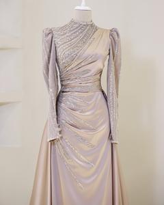 Mily gaun pengantin ML299, gaun pesta dansa Formal lantai panjang lengan leher tinggi cantik payet manik-manik elegan - Product Image 4