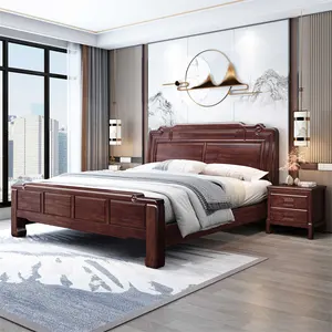 Lit en bois massif de haute qualité king size couleur marron antique avec glaçure-meubles en bois antique Fabrication à la main