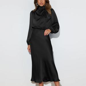 Abito personalizzato in poliestere estivo a vita alta in tinta unita abito Casual Color <span class=keywords><strong>verde</strong></span> <span class=keywords><strong>smeraldo</strong></span> Maxi manica lunga a sbuffo - Product Image 6