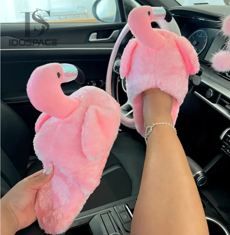 Hoge Kwaliteit Fuzzy House Indoor Slippers Anti-Slip Unisex Mooie Creatieve Leuke Roze Flamingo Slippers Voor Vrouwen