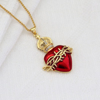 Collier pendentif Cœur Sacré Flamme Rouge Émaillé Plaqué Or 18K NZ1699 Tendance