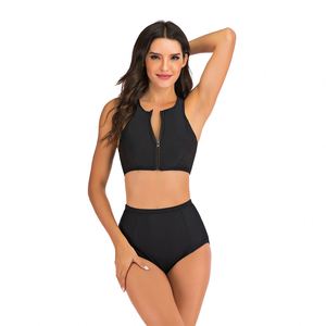 <span class=keywords><strong>Costume</strong></span> da bagno bikini da donna personalizzato <span class=keywords><strong>nero</strong></span> a tinta unita, 2 pezzi: top corto a canotta con <span class=keywords><strong>reggiseno</strong></span> e slip a vita alta con decorazioni a cerniera - Product Image 1