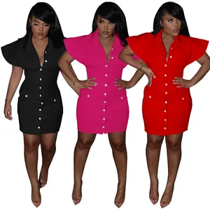 4664 Women's Solid Satin Cotton Mini Dress Ruffle Sleeve Button Open Custom Bodycon Pleated XXL Knees Long Factory Direct