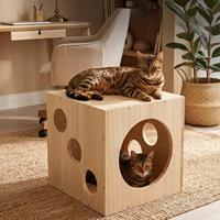 Arbre à chat de luxe en bois massif, tour d'escalade pour chat avec tunnel en forme de dés, villa pour chat toutes saisons pour chats d'intérieur